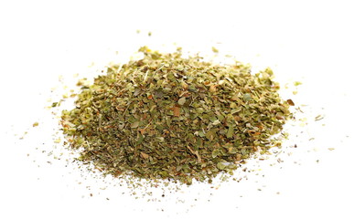 Pile of dried oregano leaves isolated on white background