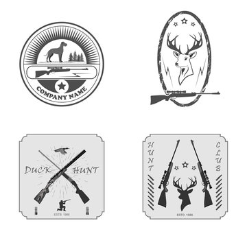 A set of four stickers. two sniper rifles. in the middle of a deer head with antlers. a dog and a duck.
totally vector illustration.