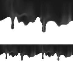 Black paint dripping isolated on white background. realistic dark oil is falling from the top of the image and bottom. seamless texture vector. Blot. 3d illustration created with gradient mesh.