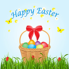 527720 Easter basket with eggs, a card of happy Easter
