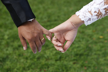 Bride and groom's hands with joined fingers