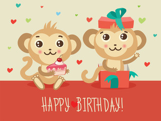 Fototapeta na wymiar Happy Birthday Card With Two Funny Monkey Cake And Gift Box. Cute Cartoon Animal Vector. Vector Animal Illustration. Humor And Friendship Birthday Image.