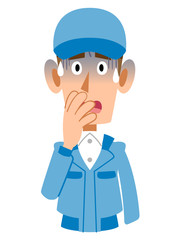 作業着の男性　焦る　不安
