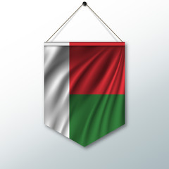 The national flag of Madagascar. The symbol of the state in the pennant hanging on the rope. Realistic vector illustration.
