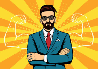 Hipster beard businessman with muscles currency dollar pop art retro style. Strong Businessman in glasses in comic style. Success concept vector illustration.