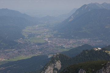 Typical landscape in southern Germany, with towering peaks and verdant valleys.