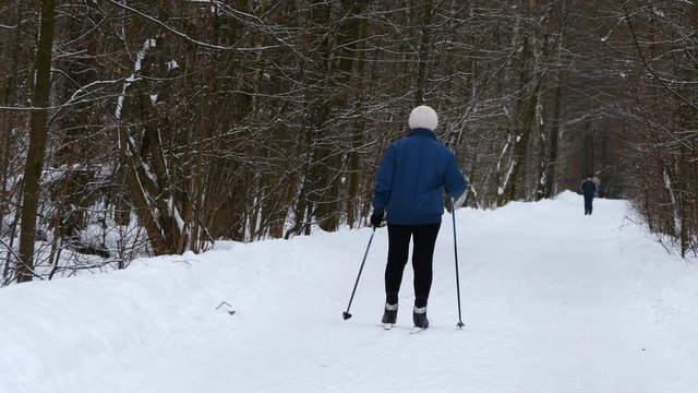 Woman Cross-Country Skiing In Forest