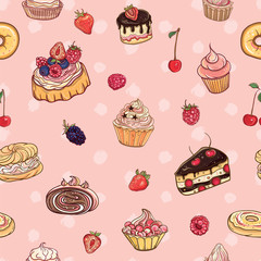 Vector seamless pattern with cakes, pastries