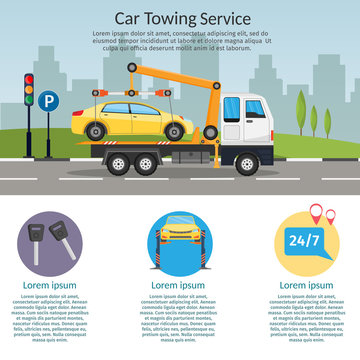 Tow truck city road assistance service evacuator Online car help Flat design vector background illustration set