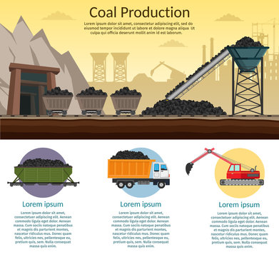 Coal mining industry and transportation infographics elements isolated vector technics building of set