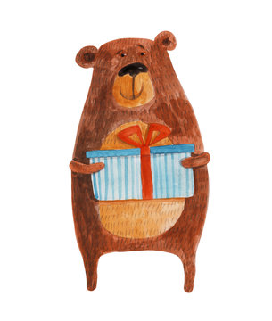 Bear with gift box. Watercolor illustration. Hand drawing