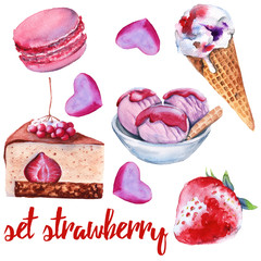 Set strawberry sweets. Cake, candy, ice cream and macaroon.
