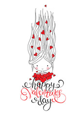 Cute girl with hearts. Hand drawn lettering. Perfect for Valenti