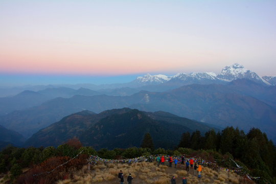 Sunrise view over Annapurna mountains, in the Himalayas mountain range, from Poon Hill
