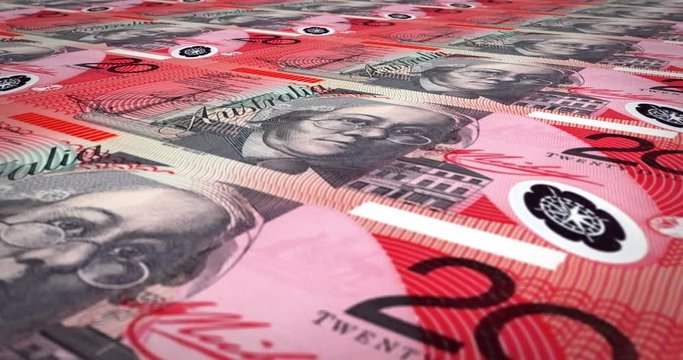 Banknotes of twenty australian dollars rolling on screen, cash money, loop