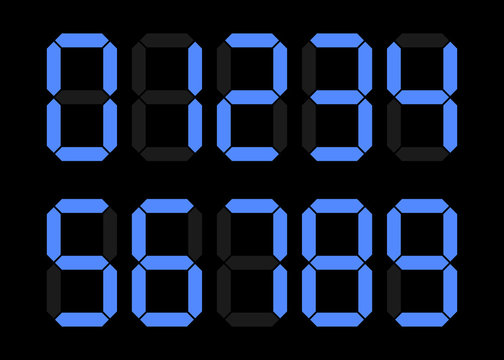 Electronic figures. Blue dial isolated on a black background. Numbers - 0, 1, 2, 3, 4, 5, 6, 7, 8, 9. LCD numbers set for a digital watch and other electronic devices. Vector illustration