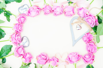 Valentines day violet roses and love hearts top view flat lay frame with copy space