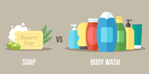 Vector illustration of natural soap vs. chemical body wash. Healthy and natural body care concept. Flat style.