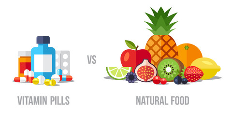 Vector illustration of vitamin pills vs. natural food. Healthy eating concept. Flat style. - obrazy, fototapety, plakaty