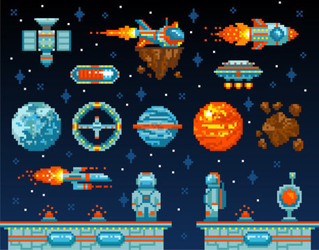 Pixel art. Vintage game design interface. Arcade game elements, vector illustration. Vintage space level. Video platform game interface design