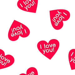 Seamless pattern with red hearts on white background and text I love you. Pattern for Valentines Day and Mother's Day.