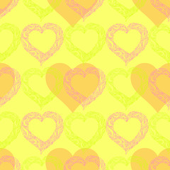 Lovely seamless pattern with elegant colorful hearts on a yellow background. Pattern for Valentines Day, Mother's Day, wedding invitation design, gift wrapping paper