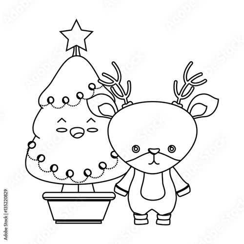 "merry christmas tree kawaii style vector illustration design