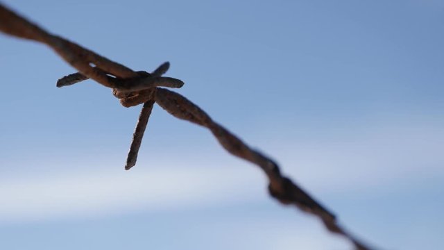 Barbed wire against blue sky close-up 3840X2160 UltraHD footage - Protective rangeland fence swings on wind 2160p 30fps UHD video 