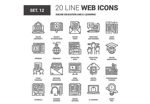 20 Black and White Line Art E-Learning Icons