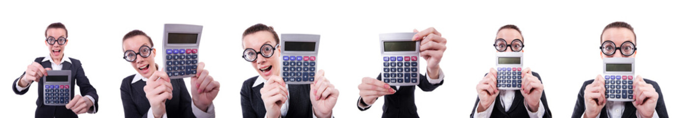 Nerd female accountant with calculator