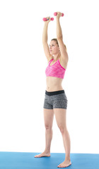 Naklejka premium Sportowa kobieta robi ćwiczenia z hantlami