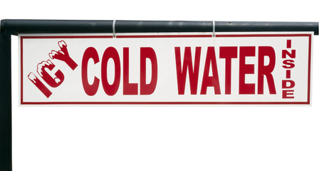 ICY COLD WATER sign with red lettering. Isolated.