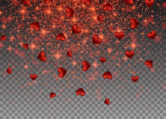 Realistic particle glitter effect. Abstract falling sparkling red hearts. Bright design element for decoration holidays valentine's day. Vector Illustration Effect Isolated on transparent background