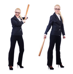 Businesswoman with baseball bat on white