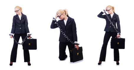 Businesswoman with chain isolated on the white