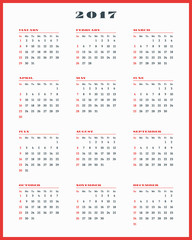 Calendar for 2017 year on white background. Vector design print template. Week starts Sunday. Stationery design