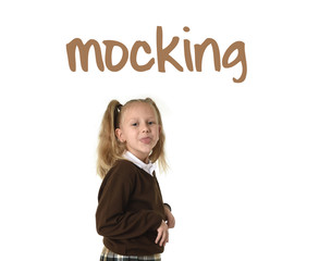 English language learning vocabulary school card with word mocking and sweet schoolgirl