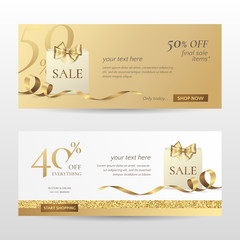 Set of stylish horizontal banners with paper shopping bag, golden bow and ribbon. Vector templates for promotion design on the website with gold and white background. Isolated from the background.