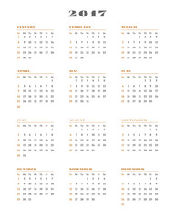 Calendar for 2017 year on white background. Vector design print template. Week starts Sunday. Stationery design