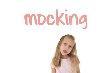 English language learning vocabulary school card with word mocking and sweet schoolgirl