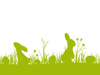 Vector easter seamless border with silhouettes of rabbits, eggs, flowers and grass. For design holiday greeting card or invitation. Isolated from the background.
