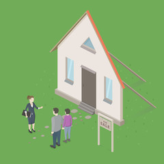 Family couple buying a new house. Real estate agent deceives people. Conceptual idea design. Isometric Vector Illustration.