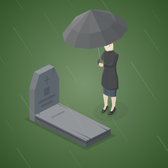 Sad woman grieving in a cemetery. Woman standing at the gravestone of her family member or beloved. Rainy day. Isometric Vector Illustration.