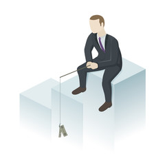 Business fisherman sitting on profit chart. Man catches money. Concept of business profit. Isometric vector illustration.