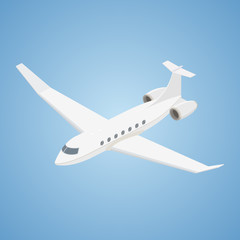 Airplane flying in the blue background. Business aircraft. Isometric Vector Illustration.