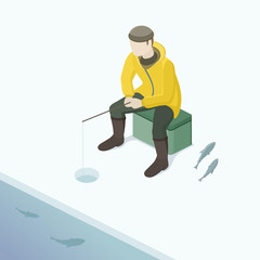 Ice fishing. Man on the ice fishing. Isometric Vector Illustration.