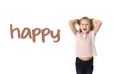 English language learning vocabulary school card of young beautiful happy female child excited