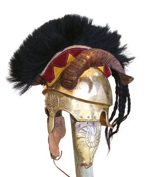 old helmet of a soldier with horn and metal decorations
