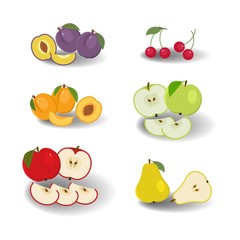 Set of fruit icons, isolated on a white background. There is a plum, a cherry, an apricot, apples in green and red colors, a pear in the picture. Vector illustration.