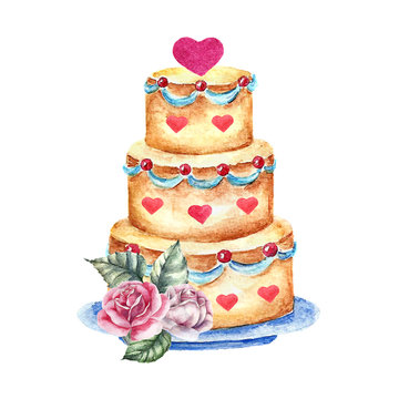 Watercolor wedding cake. Hand drawn vintage illustration